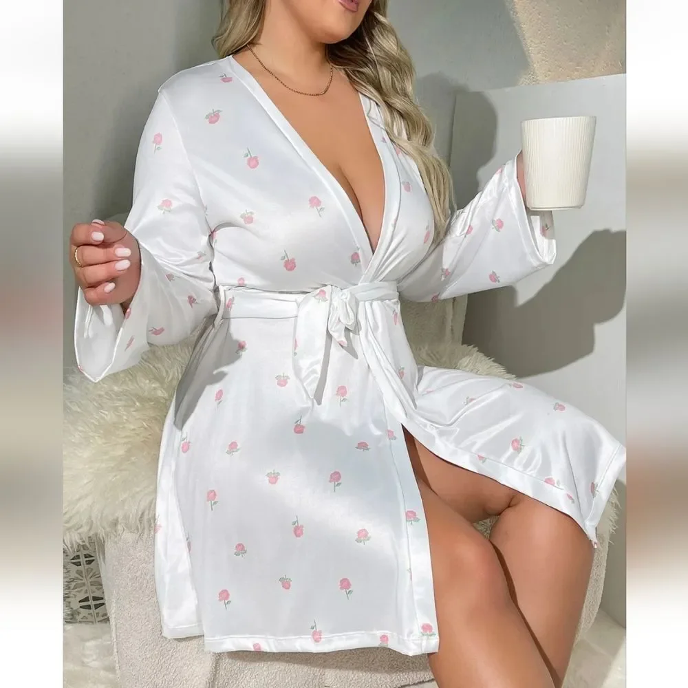 Womens Plus Size Satin Kimono Robe Lingerie Nightgown Sleepwear Silk Bathrobe US